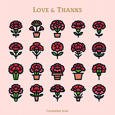 아이콘 기념일 화분 사람없음 빨간색 세트 어버이날 카네이션 감사 2D아이콘 AI파일 꽃 감정 컬러 이벤트 파일형식 벡터
