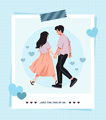 전신 커플 여자 남자 하늘색 스티커 일러스트 프레임 사랑 사람 성인 두명 마주보기 걷기 손잡기 하트 격자 연애 폴라로이드사진 모눈종이 성인만 마스킹테이프 국내일러스트 AI파일 모양 감정 종이 무늬 관계 모션 파란색 폴라로이드 테이프 파일형식 벡터