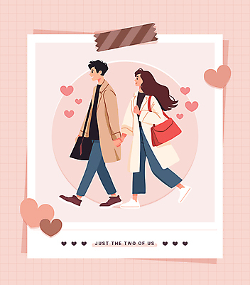 전신 커플 여자 남자 분홍색 스티커 일러스트 프레임 사랑 사람 성인 두명 걷기 손잡기 하트 격자 연애 폴라로이드사진 모눈종이 성인만 마스킹테이프 국내일러스트 AI파일 모양 감정 종이 컬러 무늬 관계 모션 폴라로이드 테이프 파일형식 벡터