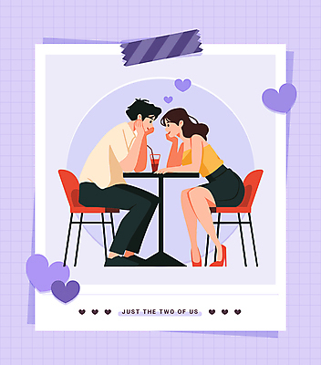 전신 커플 여자 남자 음료 스티커 의자 일러스트 탁자 프레임 사랑 사람 앉기 성인 두명 마주보기 보라색 턱괴기 카페 하트 격자 연애 폴라로이드사진 모눈종이 성인만 마스킹테이프 국내일러스트 AI파일 모양 감정 종이 컬러 가구 무늬 관계 모션 상점 폴라로이드 테이프 파일형식 벡터