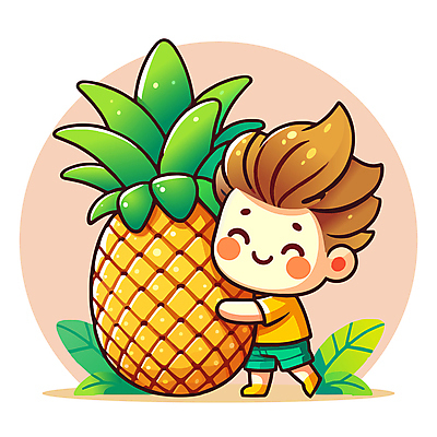 전신 남자 어린이 인물캐릭터 잎 과일 일러스트 안기 한명 미소 소년 파인애플 소년한명만 일러캐릭터 AI파일 식물 캐릭터 1 모션 표정 사람 열대과일 남자한명만 소년만 파일형식 벡터