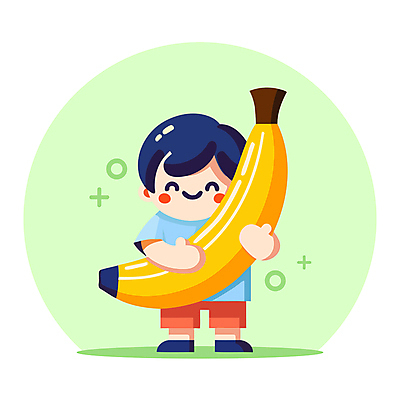 전신 남자 어린이 인물캐릭터 과일 일러스트 안기 바나나 한명 미소 들기 소년 소년한명만 일러캐릭터 AI파일 캐릭터 1 모션 표정 사람 남자한명만 소년만 파일형식 벡터