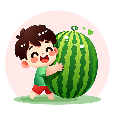 전신 남자 어린이 인물캐릭터 과일 일러스트 안기 수박 한명 미소 소년 소년한명만 일러캐릭터 AI파일 캐릭터 1 모션 표정 사람 남자한명만 소년만 파일형식 벡터