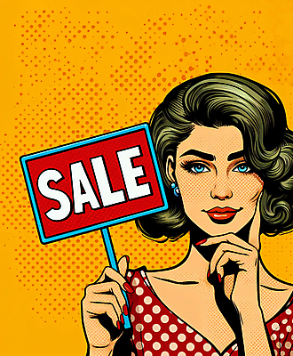 JPG 무료이미지 여자 일러스트 한명 들기 상반신 성인 세일 팻말 복고 팝아트 카툰스타일 성인여자한명만 국내일러스트 AI일러스트 AI콘텐츠 1 모션 프레임 사람 그림 여자한명만 성인여자만 파일형식