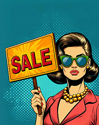 JPG 여자 일러스트 한명 들기 상반신 성인 선글라스 세일 팻말 복고 팝아트 카툰스타일 성인여자한명만 국내일러스트 AI일러스트 AI콘텐츠 1 안경 모션 프레임 사람 그림 여자한명만 성인여자만 파일형식