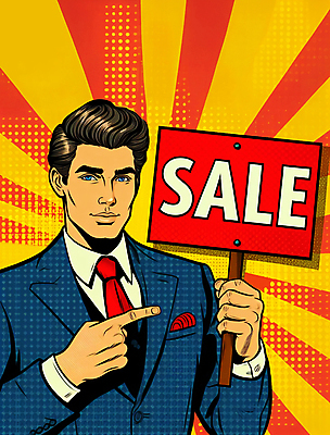 JPG 남자 일러스트 한명 들기 정장 상반신 성인 세일 팻말 가리킴 복고 팝아트 카툰스타일 성인남자한명만 국내일러스트 AI일러스트 AI콘텐츠 1 옷 모션 프레임 사람 손짓 그림 남자한명만 성인남자만 파일형식