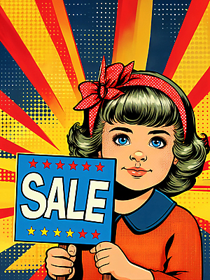 JPG 여자 어린이 일러스트 한명 들기 소녀 상반신 세일 팻말 복고 팝아트 카툰스타일 소녀한명만 국내일러스트 AI일러스트 AI콘텐츠 1 모션 프레임 사람 그림 여자한명만 소녀만 파일형식