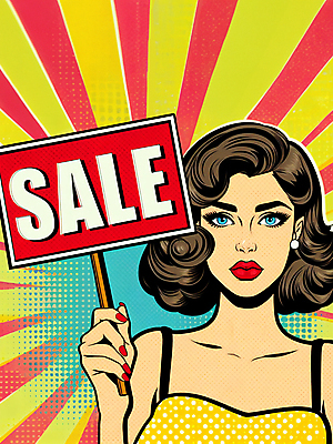 JPG 여자 일러스트 한명 들기 상반신 성인 세일 팻말 복고 팝아트 카툰스타일 성인여자한명만 하프톤 국내일러스트 AI일러스트 AI콘텐츠 1 컬러 모션 프레임 사람 그림 여자한명만 성인여자만 파일형식