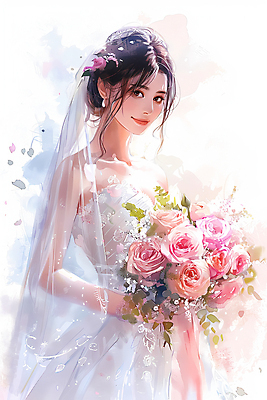 JPG 여자 행복 신부 부케 웨딩드레스 결혼 일러스트 면사포 한명 미소 들기 상반신 성인 뷰티 성인여자한명만 국내일러스트 AI일러스트 AI콘텐츠 1 드레스 감정 꽃다발 모션 표정 사람 이벤트 결혼소품 여자한명만 성인여자만 파일형식