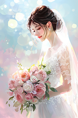 JPG 여자 행복 신부 부케 웨딩드레스 결혼 일러스트 면사포 한명 미소 들기 상반신 성인 뷰티 눈감음 성인여자한명만 국내일러스트 AI일러스트 AI콘텐츠 1 드레스 감정 꽃다발 모션 표정 사람 이벤트 결혼소품 여자한명만 성인여자만 파일형식