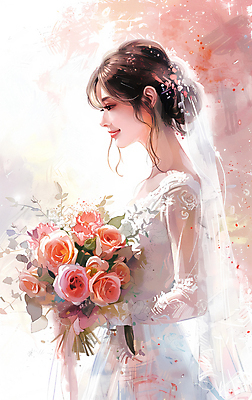 JPG 여자 행복 신부 부케 웨딩드레스 결혼 일러스트 면사포 한명 미소 들기 상반신 성인 뷰티 성인여자한명만 국내일러스트 AI일러스트 AI콘텐츠 1 드레스 감정 꽃다발 모션 표정 사람 이벤트 결혼소품 여자한명만 성인여자만 파일형식