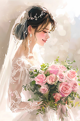 JPG 여자 행복 신부 부케 웨딩드레스 결혼 일러스트 면사포 한명 미소 들기 상반신 성인 뷰티 눈감음 성인여자한명만 국내일러스트 AI일러스트 AI콘텐츠 1 드레스 감정 꽃다발 모션 표정 사람 이벤트 결혼소품 여자한명만 성인여자만 파일형식