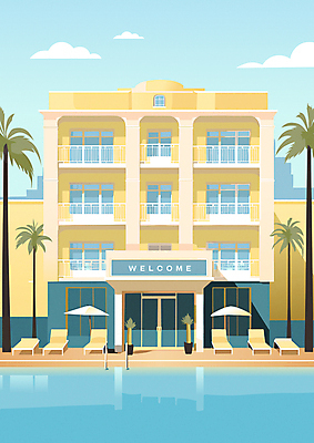구름 유럽 일러스트 창문 호텔 유럽건축 수영장 사람없음 건물 야자수 노란색 문 파라솔 선베드 유럽여행 유럽풍 국내일러스트 AI파일 자연요소 나무 건축물 나라 컬러 해외여행 의자 서양건축 숙소 파일형식 벡터