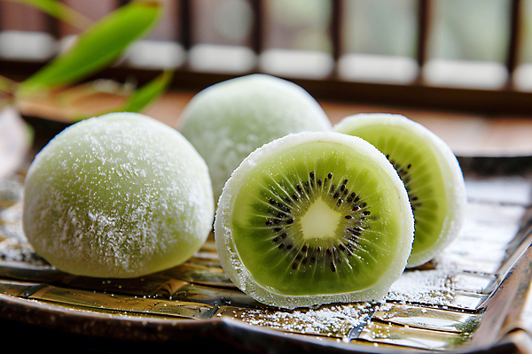 JPG 편집이미지 접시 단면 디저트 키위 사람없음 유행 디지털합성 찹쌀떡 모찌 편집실사 AI포토 AI콘텐츠 식기 음식 과일 떡 CG 파일형식