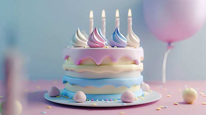 JPG 편집이미지 접시 음식 촛불 사람없음 장식 한개 3D 생일케이크 생일축하 풍선 생일초 파스텔톤 편집3D AI컴퓨터그래픽 AI콘텐츠 1 식기 컬러 초 케이크 축하 생일 디지털합성 파일형식