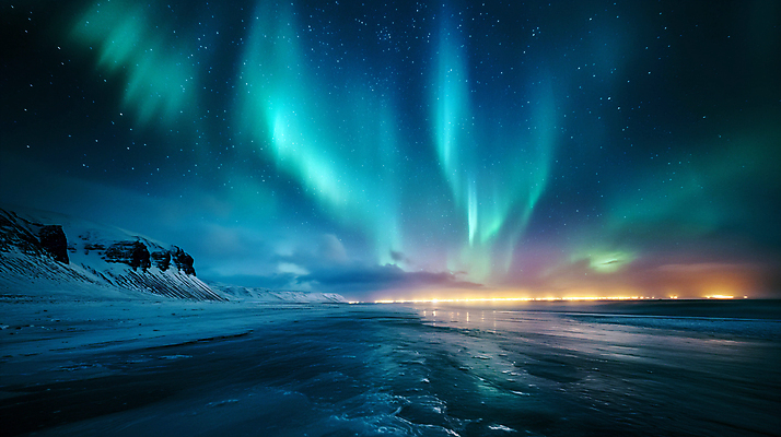 JPG 편집이미지 백그라운드 자연 밤하늘 산 사람없음 빛 신비 북극 디지털합성 빙하 청록색 오로라 편집소스 편집실사 AI포토 AI콘텐츠 컬러 컨셉 자연현상 하늘 야간 극지방 CG 생태계 파일형식