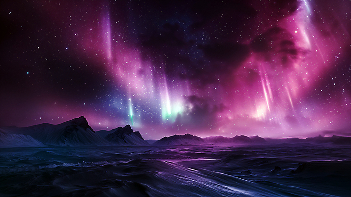 JPG 편집이미지 백그라운드 자연 밤하늘 산 사람없음 빛 보라색 신비 북극 디지털합성 빙하 청록색 오로라 편집소스 편집실사 AI포토 AI콘텐츠 컬러 컨셉 자연현상 하늘 야간 극지방 CG 생태계 파일형식