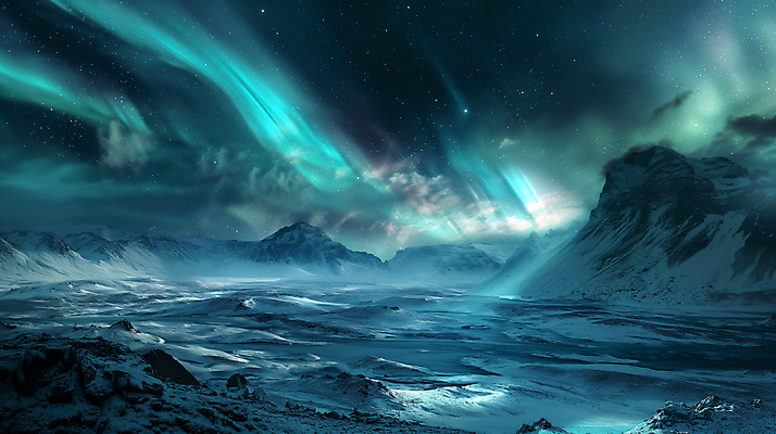 JPG 편집이미지 백그라운드 자연 밤하늘 산 사람없음 빛 신비 북극 디지털합성 빙하 청록색 오로라 편집소스 편집실사 AI포토 AI콘텐츠 컬러 컨셉 자연현상 하늘 야간 극지방 CG 생태계 파일형식