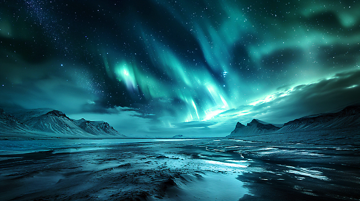 JPG 편집이미지 백그라운드 자연 밤하늘 산 사람없음 빛 신비 북극 디지털합성 빙하 청록색 오로라 편집소스 편집실사 AI포토 AI콘텐츠 컬러 컨셉 자연현상 하늘 야간 극지방 CG 생태계 파일형식