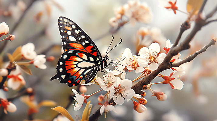 JPG 편집이미지 나비 자연 사람없음 햇빛 봄 벚꽃 개화 디지털합성 꽃가지 편집소스 편집실사 AI포토 AI콘텐츠 계절 꽃 곤충 태양 나뭇가지 CG 생태계 파일형식