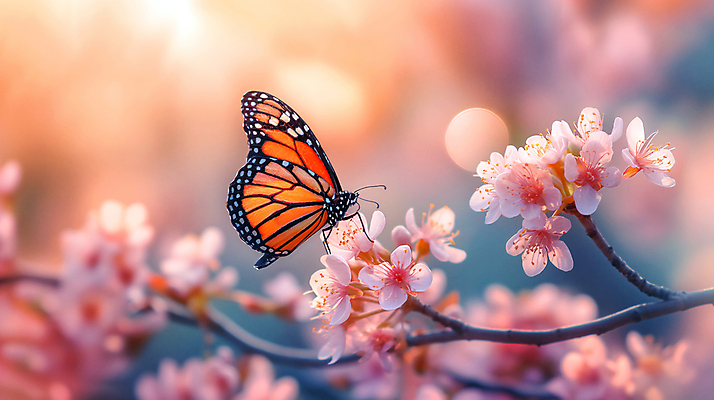 JPG 편집이미지 나비 자연 사람없음 햇빛 봄 벚꽃 개화 디지털합성 꽃가지 편집소스 편집실사 AI포토 AI콘텐츠 계절 꽃 곤충 태양 나뭇가지 CG 생태계 파일형식