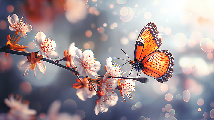 JPG 편집이미지 나비 자연 사람없음 햇빛 봄 벚꽃 개화 디지털합성 꽃가지 편집소스 편집실사 AI포토 AI콘텐츠 계절 꽃 곤충 태양 나뭇가지 CG 생태계 파일형식