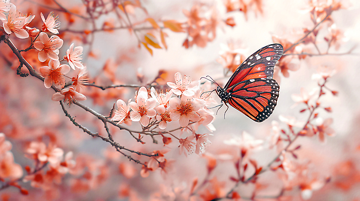 JPG 편집이미지 나비 자연 사람없음 햇빛 봄 벚꽃 개화 디지털합성 꽃가지 편집소스 편집실사 AI포토 AI콘텐츠 계절 꽃 곤충 태양 나뭇가지 CG 생태계 파일형식