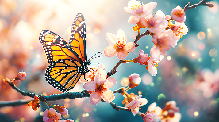 JPG 편집이미지 나비 자연 사람없음 햇빛 봄 벚꽃 개화 디지털합성 꽃가지 편집소스 편집실사 AI포토 AI콘텐츠 계절 꽃 곤충 태양 나뭇가지 CG 생태계 파일형식