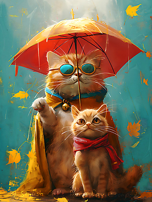 JPG 캐릭터 두마리 일러스트 우산 나뭇잎 들기 사람없음 선글라스 귀여움 목도리 고양이 망토 디지털합성 국내일러스트 일러캐릭터 AI일러스트 AI콘텐츠 잡화 안경 컨셉 잎 2 포유류 모션 반려동물 파일형식