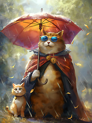 JPG 캐릭터 두마리 일러스트 우산 나뭇잎 들기 사람없음 선글라스 귀여움 고양이 방울 비 망토 디지털합성 국내일러스트 일러캐릭터 AI일러스트 AI콘텐츠 자연요소 안경 컨셉 잎 2 포유류 모션 날씨 장식 반려동물 파일형식