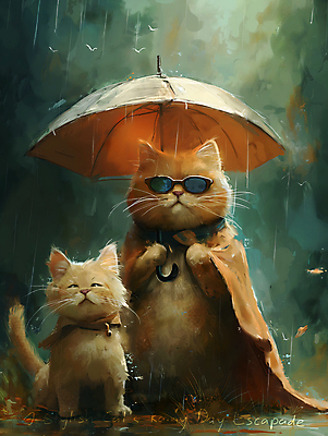 JPG 캐릭터 두마리 일러스트 우산 들기 사람없음 선글라스 귀여움 스카프 고양이 비 망토 디지털합성 국내일러스트 일러캐릭터 AI일러스트 AI콘텐츠 자연요소 안경 컨셉 2 포유류 모션 날씨 반려동물 목도리 파일형식