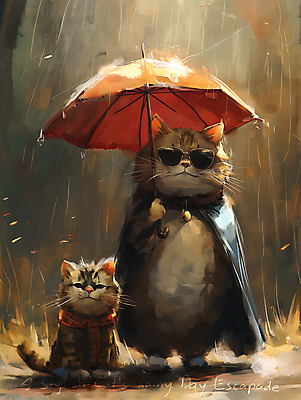 JPG 캐릭터 두마리 일러스트 우산 들기 사람없음 선글라스 귀여움 고양이 비 망토 디지털합성 국내일러스트 일러캐릭터 AI일러스트 AI콘텐츠 자연요소 안경 컨셉 2 포유류 모션 날씨 반려동물 파일형식