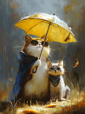 JPG 캐릭터 두마리 일러스트 우산 들기 사람없음 선글라스 귀여움 스카프 고양이 비 망토 디지털합성 국내일러스트 일러캐릭터 AI일러스트 AI콘텐츠 자연요소 안경 컨셉 2 포유류 모션 날씨 반려동물 목도리 파일형식