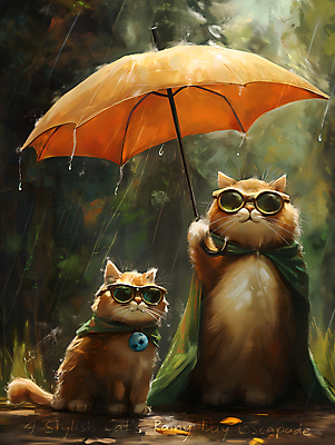 JPG 캐릭터 두마리 일러스트 우산 들기 사람없음 선글라스 귀여움 고양이 방울 비 망토 디지털합성 국내일러스트 일러캐릭터 AI일러스트 AI콘텐츠 자연요소 안경 컨셉 2 포유류 모션 날씨 장식 반려동물 파일형식