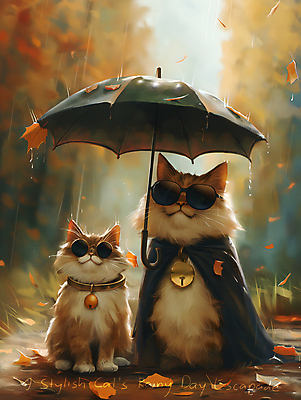 JPG 캐릭터 두마리 일러스트 우산 나뭇잎 들기 사람없음 선글라스 귀여움 고양이 방울 비 망토 디지털합성 국내일러스트 일러캐릭터 AI일러스트 AI콘텐츠 자연요소 안경 컨셉 잎 2 포유류 모션 날씨 장식 반려동물 파일형식