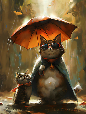 JPG 캐릭터 두마리 일러스트 우산 나뭇잎 들기 사람없음 선글라스 귀여움 스카프 고양이 방울 비 디지털합성 국내일러스트 일러캐릭터 AI일러스트 AI콘텐츠 자연요소 안경 컨셉 잎 2 포유류 모션 날씨 장식 반려동물 목도리 파일형식