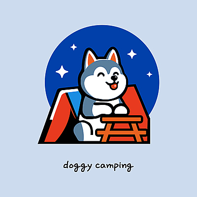 한마리 여행 일러스트 탁자 밤하늘 아웃도어 텐트 웃음 사람없음 파란색 귀여움 캠핑 강아지 시베리안허스키 힐링 국내일러스트 AI파일 1 컬러 가구 컨셉 하늘 레저 표정 캠핑도구 반려동물 개 야간 파일형식 벡터
