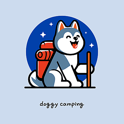 한마리 여행 일러스트 배낭 지팡이 밤하늘 아웃도어 웃음 사람없음 파란색 귀여움 등산 캠핑 하이킹 잡기 강아지 시베리안허스키 힐링 백팩 국내일러스트 AI파일 1 컬러 컨셉 가방 모션 하늘 레저 표정 반려동물 트래킹 개 야간 파일형식 벡터