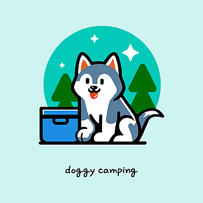 나무 한마리 여행 일러스트 하늘 아웃도어 웃음 사람없음 귀여움 캠핑 강아지 시베리안허스키 힐링 아이스박스 민트색 국내일러스트 AI파일 식물 1 컬러 컨셉 레저 표정 반려동물 개 파일형식 벡터
