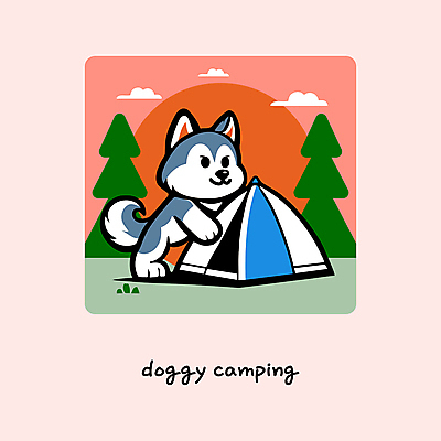나무 구름 한마리 여행 일러스트 하늘 아웃도어 텐트 웃음 사람없음 귀여움 노을 주황색 일몰 캠핑 강아지 시베리안허스키 힐링 설치 국내일러스트 AI파일 자연요소 식물 1 컬러 컨셉 레저 표정 캠핑도구 반려동물 개 파일형식 벡터