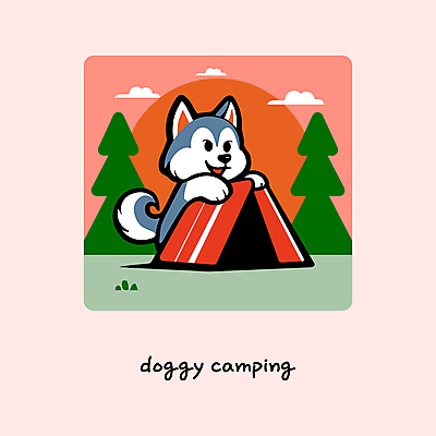 나무 구름 한마리 분홍색 여행 일러스트 하늘 아웃도어 텐트 웃음 사람없음 귀여움 노을 캠핑 강아지 시베리안허스키 힐링 설치 국내일러스트 AI파일 자연요소 식물 1 컬러 컨셉 레저 표정 캠핑도구 반려동물 개 파일형식 벡터