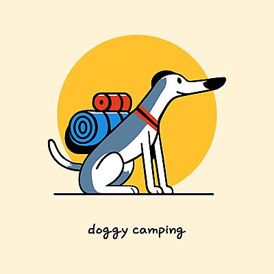 한마리 여행 가방 일러스트 아웃도어 웃음 사람없음 노란색 귀여움 캠핑 강아지 백팩 침낭 국내일러스트 AI파일 1 잡화 컬러 컨셉 레저 표정 반려동물 개 파일형식 벡터