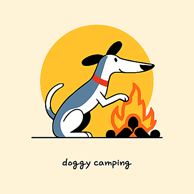 한마리 일러스트 휴식 따뜻함 아웃도어 웃음 사람없음 노란색 귀여움 캠핑 강아지 모닥불 힐링 그레이하운드 국내일러스트 AI파일 1 컬러 컨셉 불 레저 표정 반려동물 개 하운드 파일형식 벡터