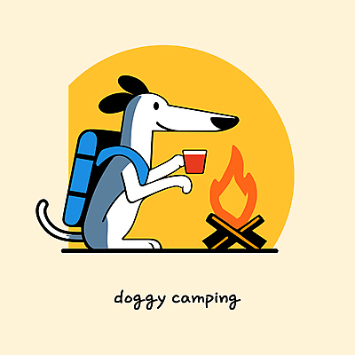 한마리 일러스트 휴식 따뜻함 아웃도어 웃음 들기 사람없음 컵 노란색 귀여움 캠핑 강아지 모닥불 힐링 백팩 그레이하운드 국내일러스트 AI파일 1 식기 컬러 컨셉 가방 모션 불 레저 표정 반려동물 개 하운드 파일형식 벡터