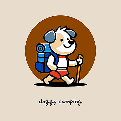 한마리 여행 일러스트 반바지 지팡이 아웃도어 웃음 사람없음 갈색 걷기 귀여움 캠핑 하이킹 잡기 강아지 힐링 백팩 국내일러스트 AI파일 1 컬러 컨셉 가방 바지 모션 레저 표정 반려동물 개 파일형식 벡터