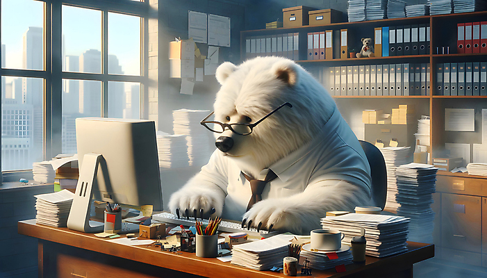 JPG 편집이미지 곰 상상 사람없음 컴퓨터 사무실 3D 업무 직장인 디지털합성 상상력 서류더미 창의성 안경낌 편집소스 이미지편집 편집3D AI컴퓨터그래픽 AI콘텐츠 동물 직업 안경 비즈니스 포유류 전자제품 작업 문서 파일형식 더미