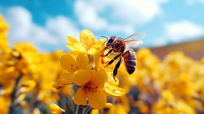 JPG 편집이미지 꽃 백그라운드 꽃밭 자연 하늘 사람없음 아웃포커스 노란색 봄 들꽃 꿀벌 벌 디지털합성 생태계 편집소스 편집실사 AI포토 AI콘텐츠 식물 계절 컬러 곤충 촬영기법 벌_곤충 CG 파일형식