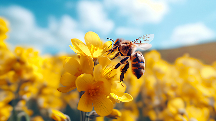JPG 편집이미지 꽃 백그라운드 꽃밭 자연 하늘 사람없음 아웃포커스 노란색 봄 들꽃 꿀벌 벌 디지털합성 생태계 편집소스 편집실사 AI포토 AI콘텐츠 식물 계절 컬러 곤충 촬영기법 벌_곤충 CG 파일형식
