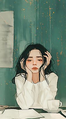 JPG 여자 백그라운드 일러스트 휴식 피곤 한명 성인 턱괴기 고요 커피잔 책상 디지털합성 감성 몽환 성인여자한명만 편집소스 번아웃증후군 국내일러스트 AI일러스트 AI콘텐츠 1 커피 가구 컨셉 모션 잔 사람 사회이슈 여자한명만 성인여자만 파일형식