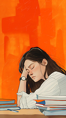 JPG 여자 백그라운드 일러스트 휴식 피곤 한명 성인 책 눈감음 기댐 고요 책상 디지털합성 감성 몽환 성인여자한명만 편집소스 번아웃증후군 국내일러스트 AI일러스트 AI콘텐츠 1 가구 컨셉 모션 사람 사회이슈 여자한명만 성인여자만 파일형식